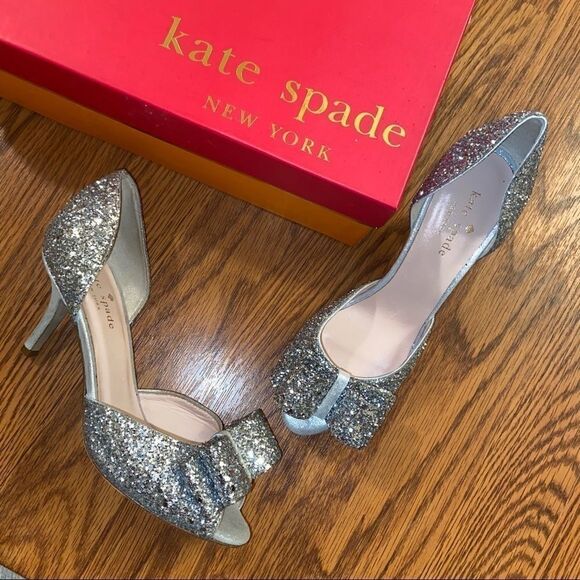 Kate Spade Sela Silver Glitter Bow Peep Toe Pumps - Picture 2 of 7